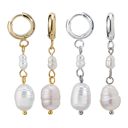 2 пары 2 цвета натуральный культивированный пресноводный жемчуг серьги-кольца, с 201 фурнитурой для сережек-колец Huggie Hoop из нержавеющей стали, слеза