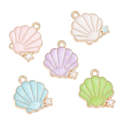 Alloy Enamel Pendants, Shell Shape with Starfish Charms, Golden