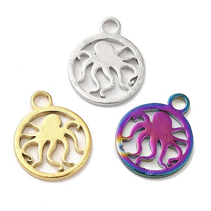 Ion Plating(IP) 304 Stainless Steel Charms, Flat Round with Octopus Charm