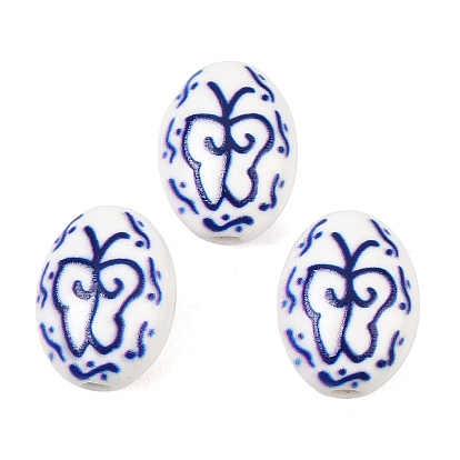 Handmade Porcelain Beads, Blue and White Porcelain, Oval with Butterfly