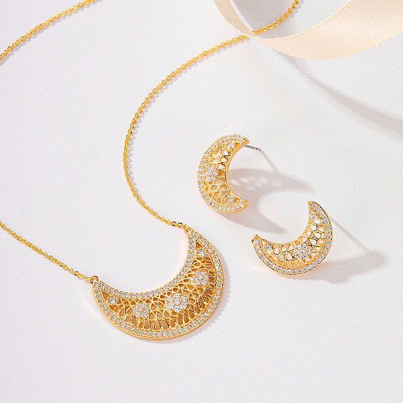 Комплекты из латунных подвесок в виде полумесяца и серег-гвоздиков с микропаве из прозрачных кубических цирконий для женщин