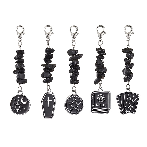 Décorations pendantes en alliage émaillé, avec puce d'obsidienne naturelle et fermoir en alliage, formes mixtes