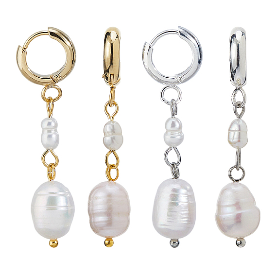 2 пары 2 цвета натуральный культивированный пресноводный жемчуг серьги-кольца, с 201 фурнитурой для сережек-колец Huggie Hoop из нержавеющей стали, слеза