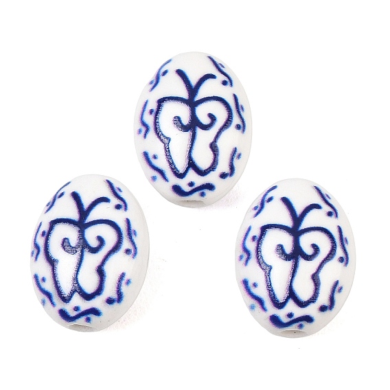 Handmade Porcelain Beads, Blue and White Porcelain, Oval with Butterfly
