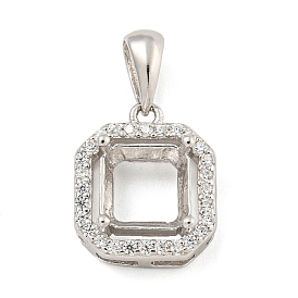 925 Sterling Silver Micro Pave Clear Cubic Zirconia Open Back Bezel Pendant Cabochon Settings, Square
