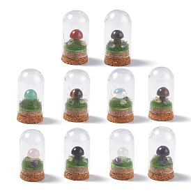 Natural Gemstone Mushroom Display Decoration with Glass Dome Cloche Cover, Cork Base Bell Jar Ornaments for Home Decoration
