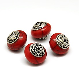 Handmade Tibetan Style Beads, Thailand 925 Sterling Silver with Turquois, Flat Round, Antique Silver, 17x14.5mm, Hole: 2mm