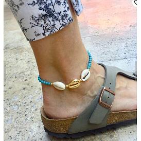 Boho Beach Anklet with Shell and Wood Beads - Handmade Braided Hemp Rope Foot Jewelry for Women
