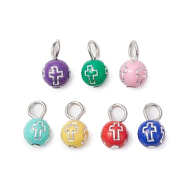 7Pcs 7 Colors Opaque Plating Acrylic Beads Charms, with Stainless Steel Color Iron Flat Head Pins, Round