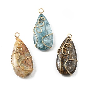 Natural Mixed Gemstone Copper Wire Wrapped Pendants, Teardrop Charms, Golden