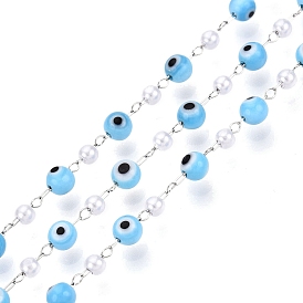 Handmade Evil Eye Lampwork & Imitation Pearl Beads Chains, for Necklaces Bracelets Making, with 304 Stainless Steel Chains, Soldered, with Spool