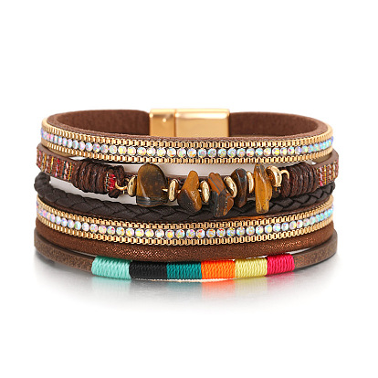 Bohemian Style Leather Irregular Stone Bracelet - Colorful Design, Multi-layer Magnetic Clasp.