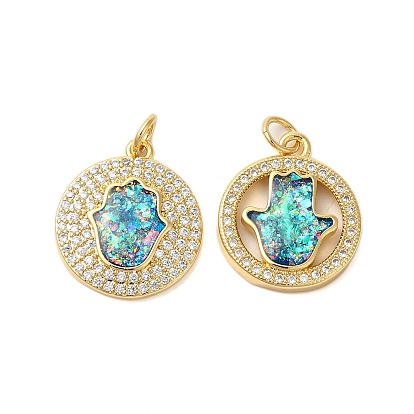Латунные микро проложить кубического циркония подвески, с синтетическим опалом, долговечный, без свинца и без кадмия, плоские круглые с Хамса стороны, с прыжковых колец