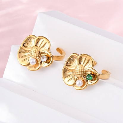 304 регулируемые манжеты из нержавеющей стали для женщин, цветок, с искусственным жемчугом и микропаве из кубических цирконий, золотые