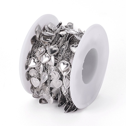 304 Stainless Steel Cable Chains, with Heart Charms and Spool, Soldered, Flat Oval