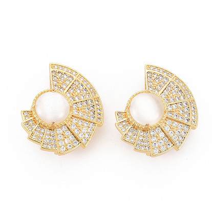 Brass Micro Pave Clear Cubic Zirconia Twister Clasps, with Shell, Nickel Free