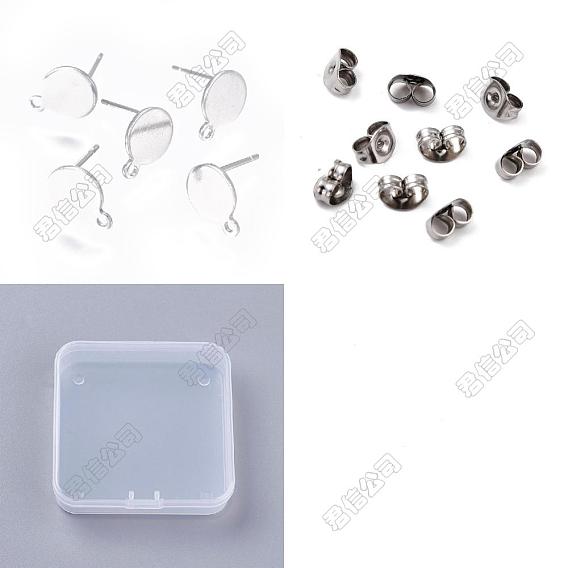 100Pcs Flat Round Shape 304 Stainless Steel Stud Earring Findings, with Loops and 100Pcs Ear Nuts