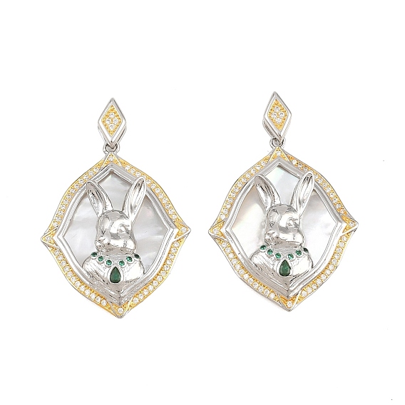 Pendentifs en laiton zircon cubique micro pavé vert, avec coquille naturelle, losange avec breloques lapin, crémaillère plaquage, plaqué longue durée, sans plomb et sans cadmium
