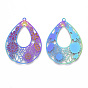 Ion Plating(IP) 304 Stainless Steel Filigree Pendants, Etched Metal Embellishments,  Teardrop with Flower