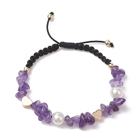 Bracelets en perles tressées avec puces d'améthyste naturelle et imitation de perles acryliques, bracelets réglables coeur pour femmes hommes