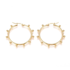304 Stainless Steel Hoop Earrings, Hypoallergenic Earrings, with Round Beads, Ring