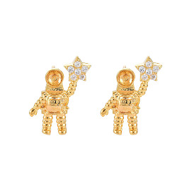 Brass Micro Pave Clear Cubic Zirconia Stud Earring Findings, for Half Drilled Beads, Nickel Free, Spaceman