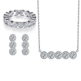 Chic Round Zirconia Jewelry Set - Sterling Silver Rings, Earrings & Necklace for Women