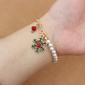 Christmas Jewelry, Alloy Enamel Charm Bracelets for Women, with Plastic Imitation Pearl