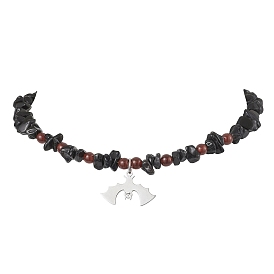 201 Stainless Steel Bat Pendant Necklaces, Natural Obsidian & Carnelian Beaded Necklace for Women