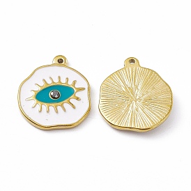Vacuum Plating 201 Stainless Steel Enamel Pendants, Real 18K Gold Plated, Flat Round with Eye Charm