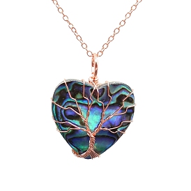 Tree Of Life Wire Wrapped Peach Heart Abalone Shell Shape Stone Pendant Necklace