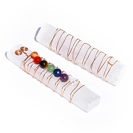Chakra Jewelry, Natural Selenite Home Decorations, Brass Wire Wrapped Round Natural Gemstone Display Decorations, Rectangle