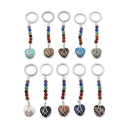 Natural & Synthetic Gemstone Heart Keychain, with Chakra Gemstone Bead and Platinum Tone Rack Plating Brass Findings