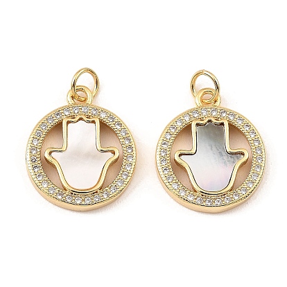 Brass Cubic Zirconia with Shell Pendants, Long-Lasting Plated, Lead Free & Cadmium Free, Flat Round