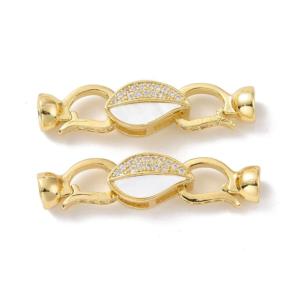 Brass Micro Pave Clear Cubic Zirconia Fold Over Clasps, with White Shell, Cadmium Free & Lead Free, Leaf