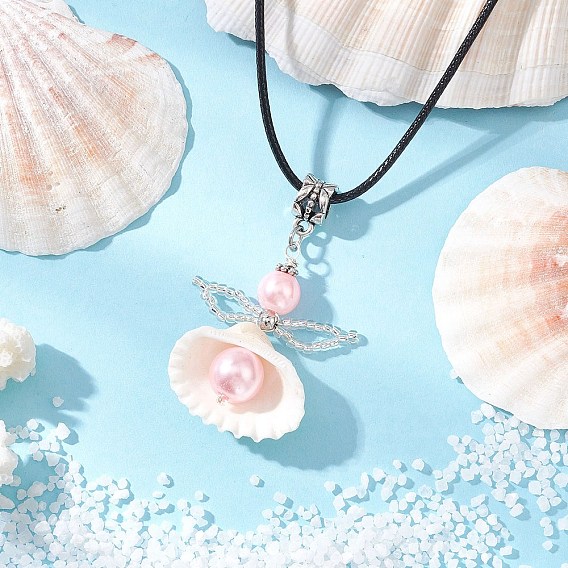 Ожерелья с подвесками в виде ракушек, ангел, с бусинами из стеклянного жемчуга и вощеным хлопковым шнуром ожерелье для женщин