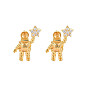 Brass Micro Pave Clear Cubic Zirconia Stud Earring Findings, for Half Drilled Beads, Nickel Free, Spaceman