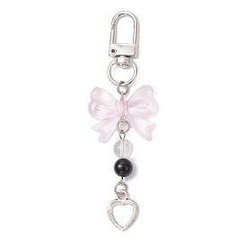 Acrylic Bowknot Pendant Decorations, Natural Quartz Crystal & Synthetic Black Stone and Alloy Swivel Clasps Charms for Bag Ornaments