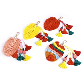 Weaving Monstera Leaf Pendant Decorations Boho Woven Key Ring with Tassels Wooden Beads, for Car Key Purse Phone Ornaments