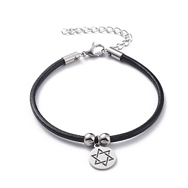 Pulseras con dijes unisex, con cordón de cuero de vaca y 304 hallazgos de acero inoxidable, para judío, plano y redondo con estrella de david