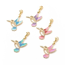 Brass Enamel Hummingbird Pendant Decorations, Lobster Clasp Charms, Clip-on Charms, Micro Pave Clear Cubic Zirconia, for Keychain, Purse, Backpack Ornament, Stitch Marker