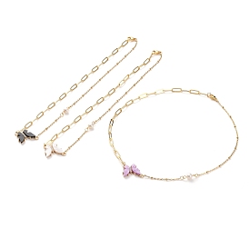 Brass Micro Pave Cubic Zirconia Butterfly Pendant Necklaces, with Resin, Natural Pearl Beads, Brass Paperclip Chains, 304 Stainless Steel Cable Chains and Lobster Claw Clasps, Golden