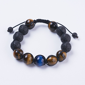 Adjustable Nylon Cord Braided Bead Bracelets, with Lava Rock & Tiger Eye Beads