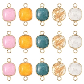 10 Stück 5 Stile Tigerhautglas & gefärbte natürliche weiße Jade & Quarzkristall quadratische Glieder Verbindungsstück Charms, mit Messing-Zubehör, golden