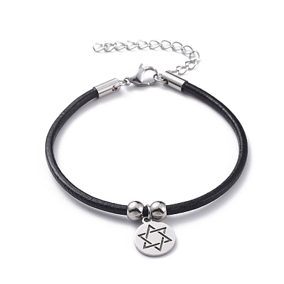 Pulseras con dijes unisex, con cordón de cuero de vaca y 304 hallazgos de acero inoxidable, para judío, plano y redondo con estrella de david