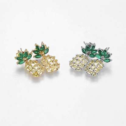 Brass Dangle Stud Earrings, with Cubic Zirconia, Pineapple, Long-Lasting Plated