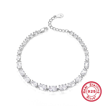 Rhodium Plated 925 Sterling Silver Link Chain Bracelet, Clear Cubic Zirconia Tennis Bracelet, with 925 Stamp