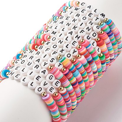 China Factory 30Pcs 30 Style Polymer Clay Heishi Beaded Stretch Bracelets  Set with Inspiration Word, Lucky Preppy Bracelets for Women Inner Diameter:  2-1/4 inch(5.7cm) in bulk online 