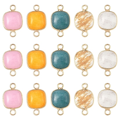 10 Stück 5 Stile Tigerhautglas & gefärbte natürliche weiße Jade & Quarzkristall quadratische Glieder Verbindungsstück Charms, mit Messing-Zubehör, golden