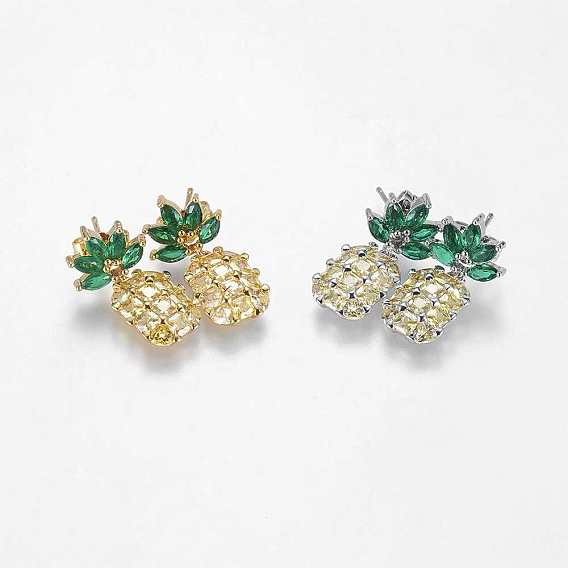 Brass Dangle Stud Earrings, with Cubic Zirconia, Pineapple, Long-Lasting Plated